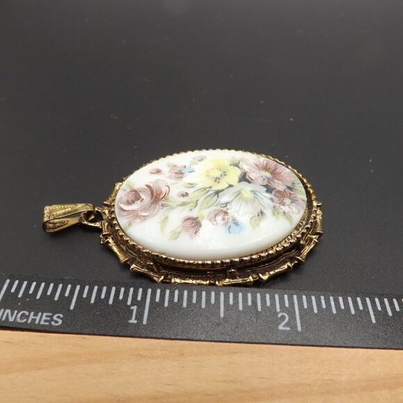 Vintage Floral Porcelain Oval Pendant, Bamboo Design Frame, No Chain, 2 3/8 Inch - Picture 4 of 10